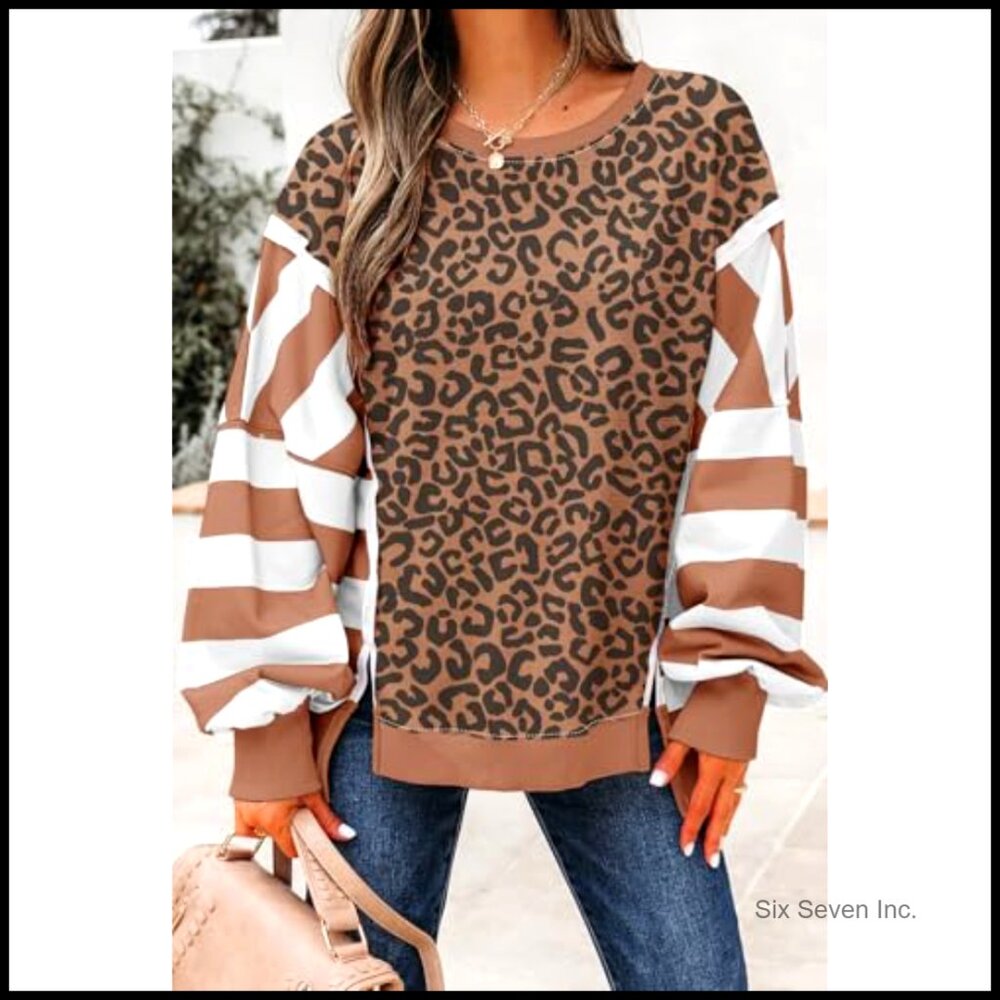 Striped Patchwork Sweatshirt Drop Shoulder Side S… - image 6